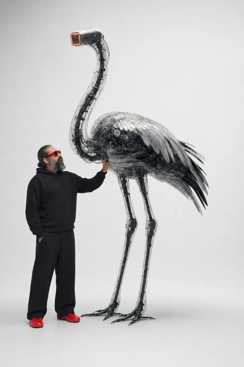 A man in black beside a tall mechanical flamingo in a white studio